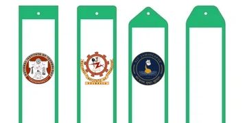 Four green bookmark templates with university logos and holes for hanging.