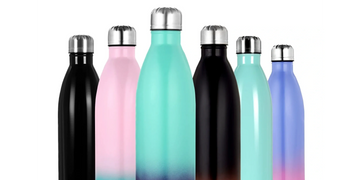 Colorful stainless steel water bottles with gradient designs and silver caps.