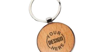 Round wooden keychain with metal ring and customizable design area.