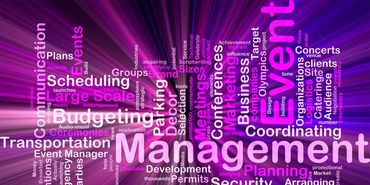 Colorful word cloud featuring event management concepts like budgeting, planning, and security.