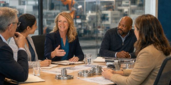 Five colleagues having a discussion in a conference room.