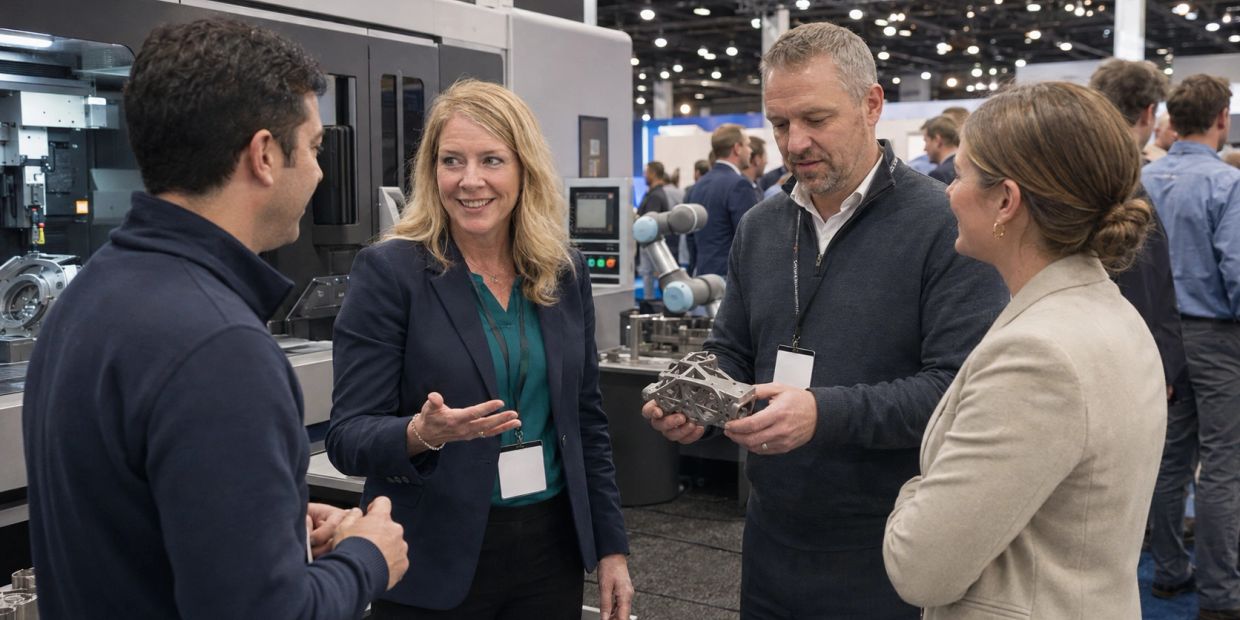 Four professionals discussing a mechanical part at an event.