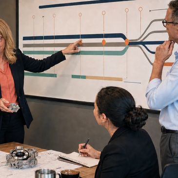 Colleagues discussing project flowchart in a meeting.