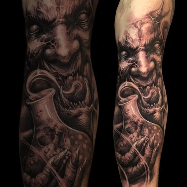 Dark, detailed tattoo of a menacing creature holding a potion bottle.