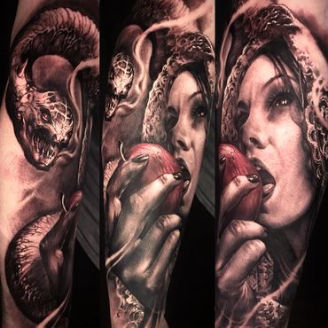 Tattoo of a woman biting an apple with a sinister snake coiled around her.
