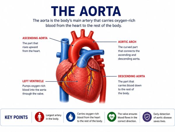 Diagram of the aorta and heart showing main parts and blood flow.