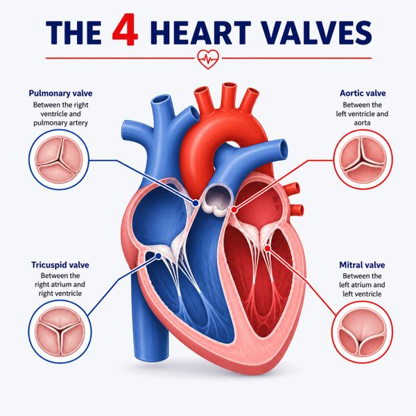 Diagram showing the 4 heart valves and their locations.