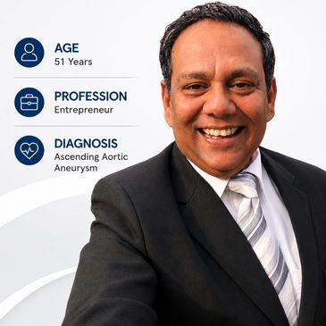 Smiling 51-year-old entrepreneur with ascending aortic aneurysm diagnosis.