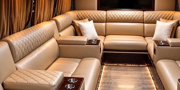 Luxurious tan leather seating in an elegant lounge.