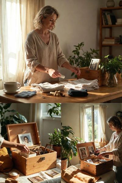 Woman organizing keepsakes in a wooden box by a sunlit window.