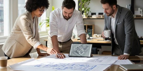Three professionals discussing engineering design proposals for heat networks, renewable energy and feasibility studies