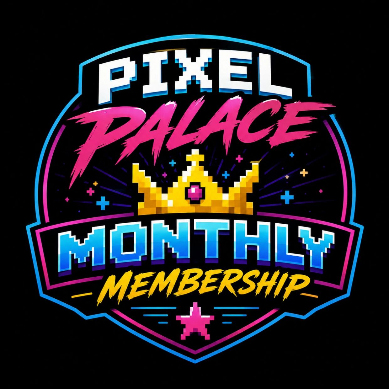 Pixel Palace Monthly Membership logo with pixel art style.