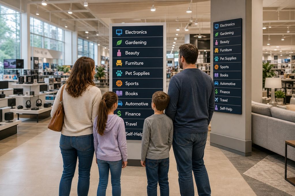 Family looks at store directory inside a large retail store.