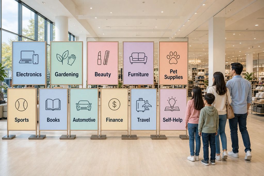 Family browsing colorful category signs in a spacious store.