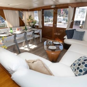 Interior of Juliette, white couches and windows