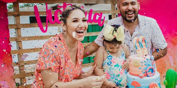 Happy family with birthday cake