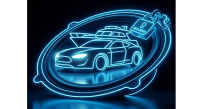 Neon blue sign of a secured car with a lock symbol.