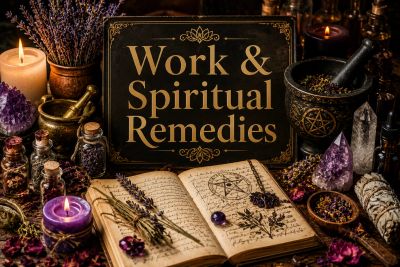 A mystical setup with herbs, crystals, and an open book on spiritual remedies.