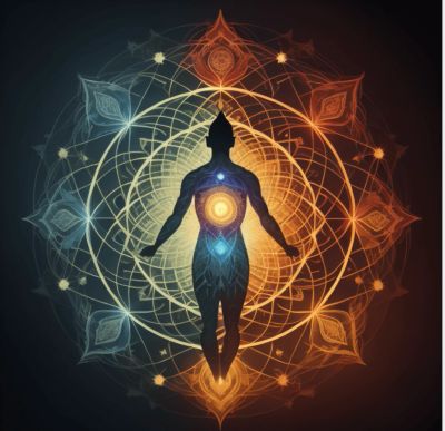 Silhouette with glowing chakras and geometric patterns.