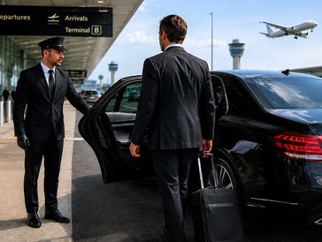 A chauffeur opens a car door for a businessman at the airport.