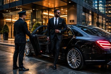 A man in a suit steps out of a luxury car with a chauffeur holding the door.