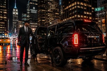 Man in suit opening luxury SUV door on rainy city street at night.