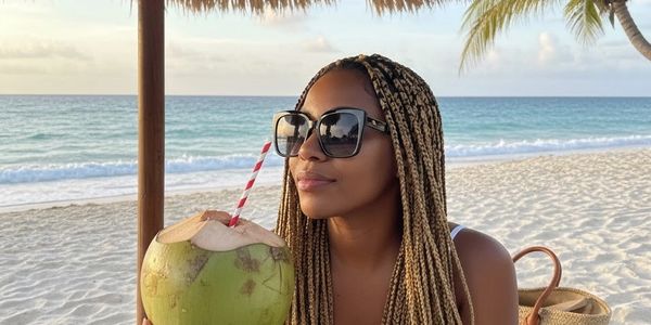Woman with sunglasses drinking coconut water on the beach.