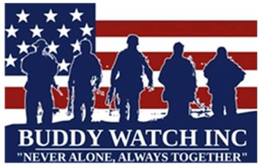 Silhouetted soldiers in front of an American flag with 'Buddy Watch Inc' text.