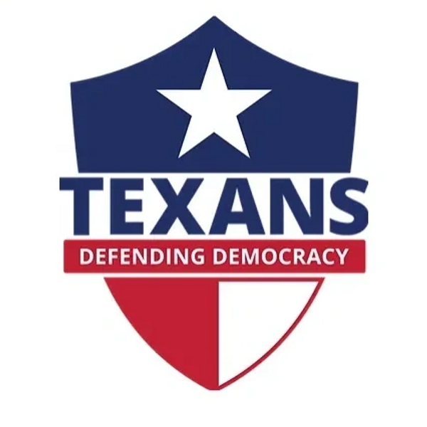 Shield logo with star and text: Texans Defending Democracy.