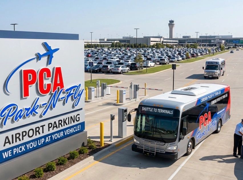 Park-N-Fly luchthavenparkeerservice met pendelbus.