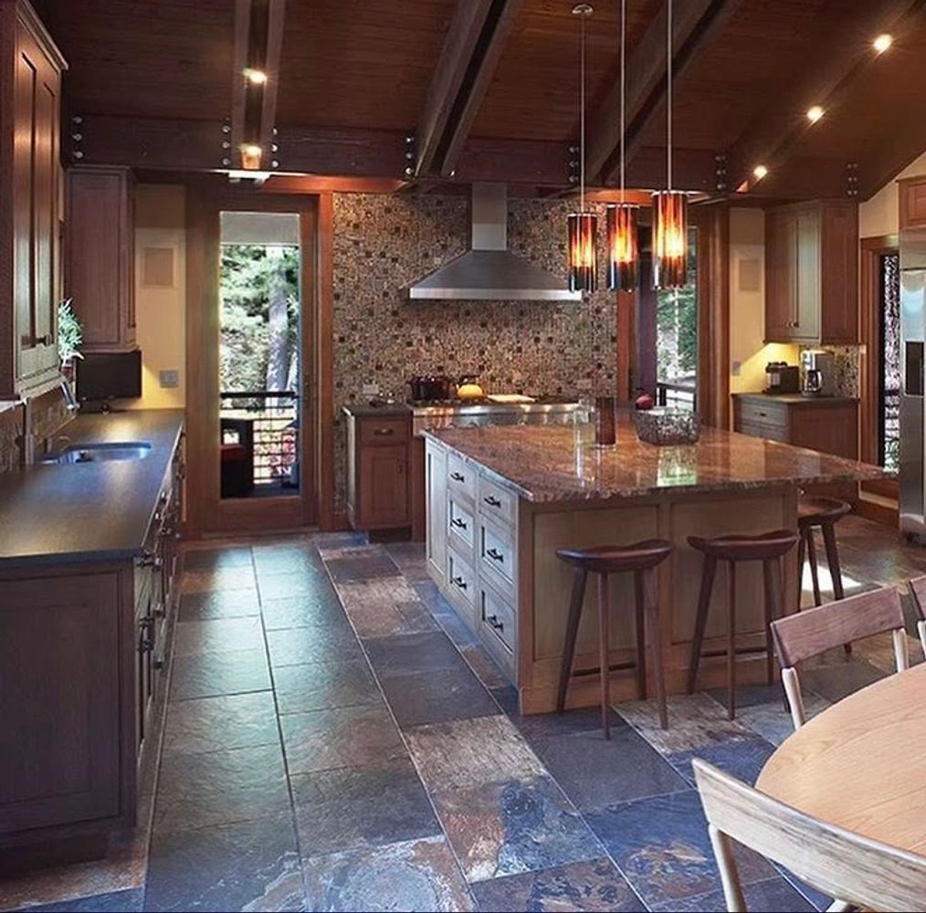 Kitchen remodel: tile floor, stove backsplash, countertop & cabinets, lighting