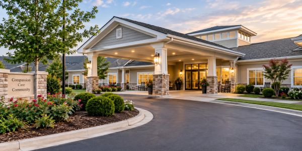 Entrance of a care community building at sunset.
