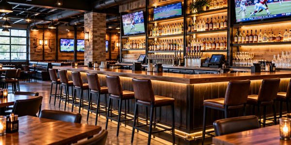 Modern sports bar with wooden interior and multiple TVs.