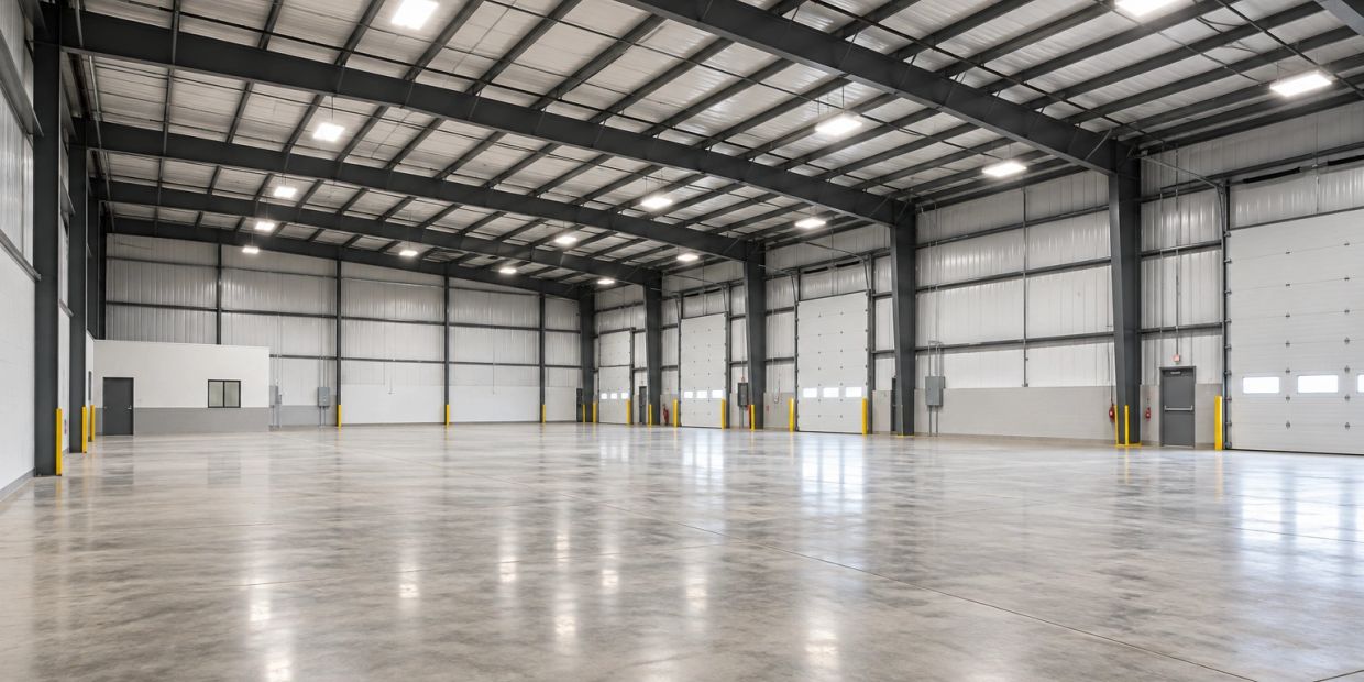 Empty, spacious industrial warehouse interior with polished concrete floor.