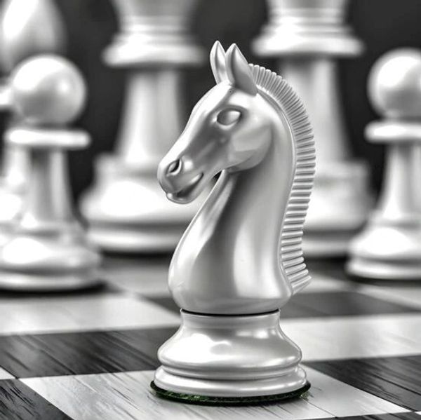 Close-up of a silver knight chess piece on a chessboard.