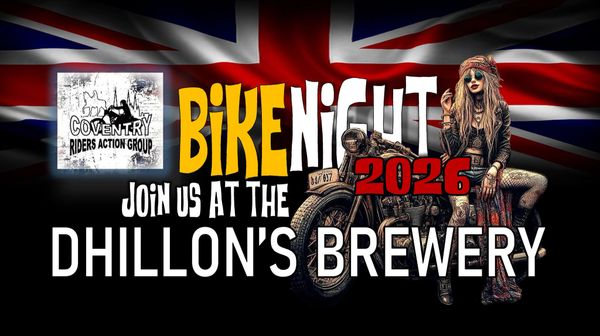 Poster for Coventry Riders' Bike Night 2026 at Dhillon's Brewery with a biker and Union Jack background.