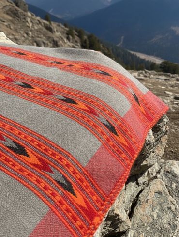 A colorful patterned shawl draped