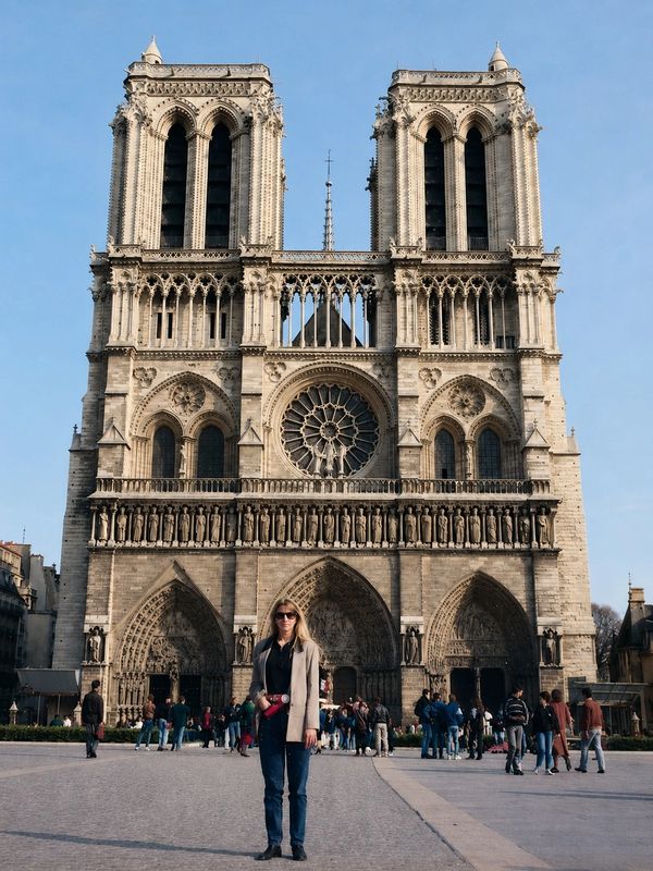 A woman stands in front of the Notre-Dame Cathedral in Paris on a clear day.