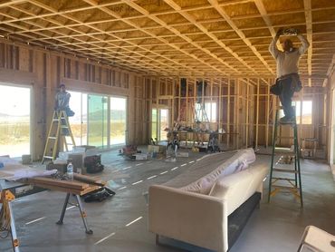 Interesting ceiling, prepping for sheetrockers, TJI beams.