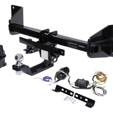 Complete trailer hitch kit with ball mount, wiring, and mounting hardware.
