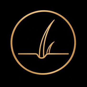 Golden hair follicle icon inside a circle on black background.