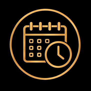 Golden calendar and clock icon on black background.