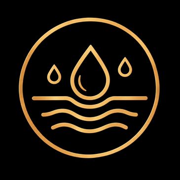 Golden water droplet icon with waves on black background.