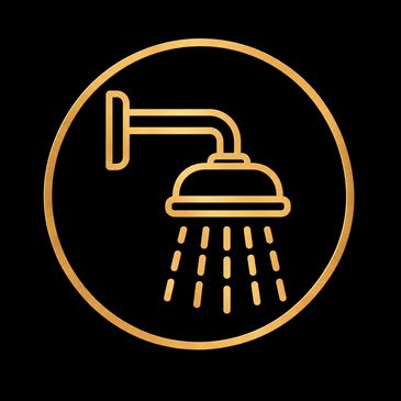 Golden showerhead icon on black background.