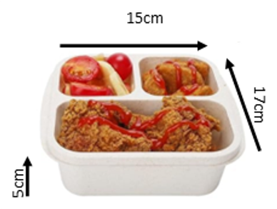 Disposable food container with fried chicken and sides, labeled with dimensions.