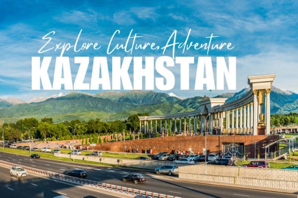 Scenic view in Kazakhstan with cultural monument and mountains.