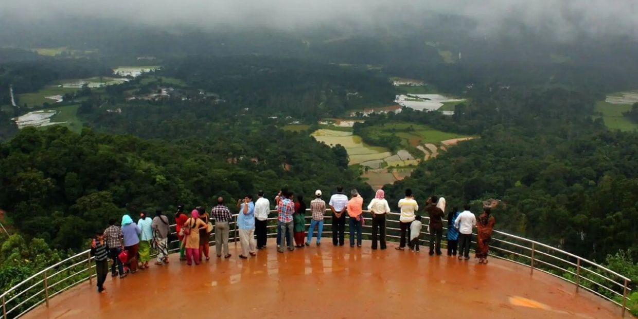 People admiring a misty valley view from a hilltop.