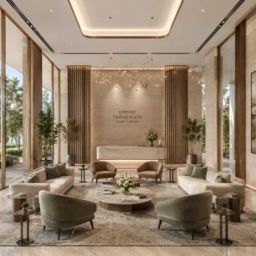 Luxurious modern lobby with elegant seating and greenery.