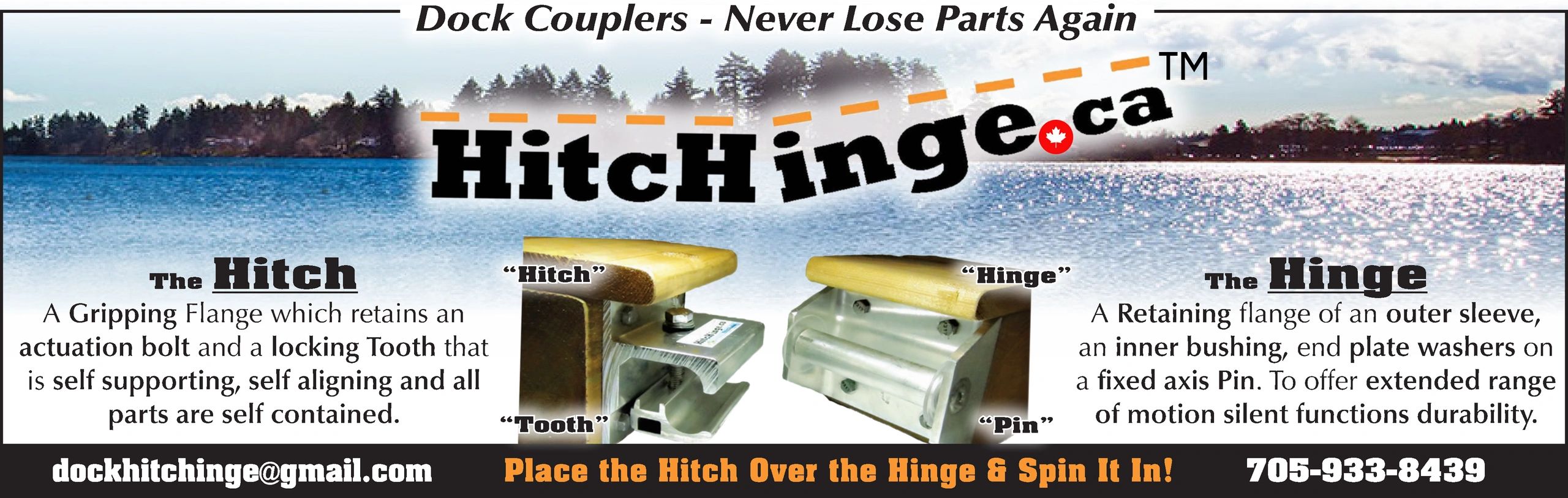 HitcHinge banner explaining Hitch and Hinge. A lake setting with HitcHinge photo. Contact info on it