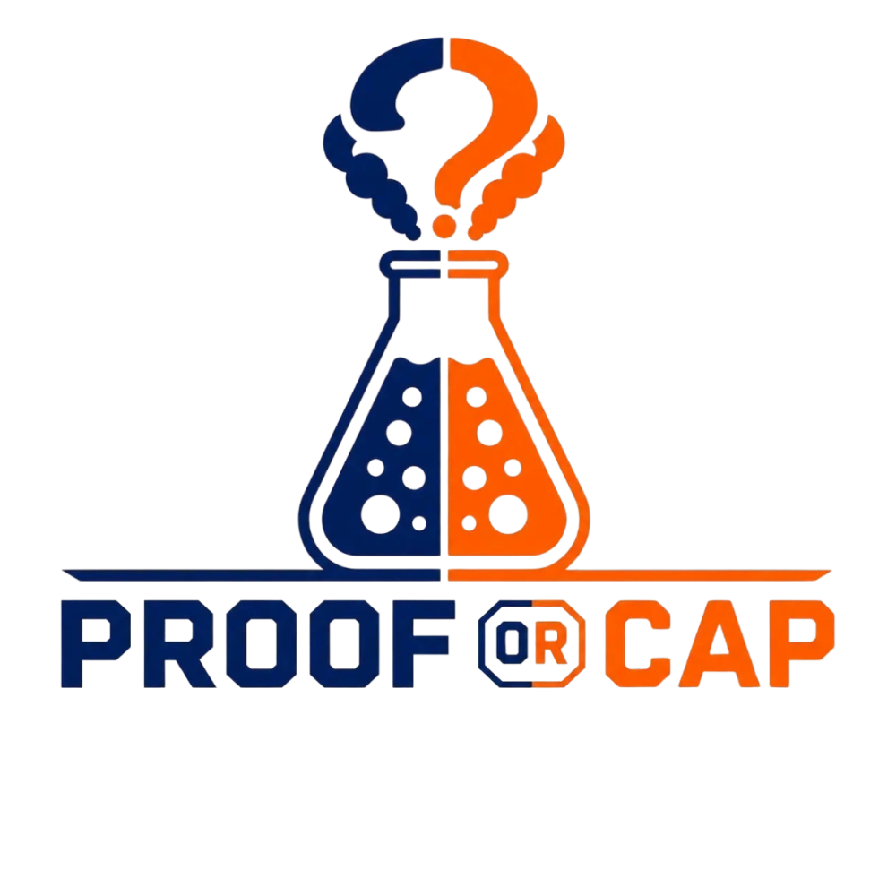Logo showing a split flask with a question mark and the text 'Proof or Cap'.